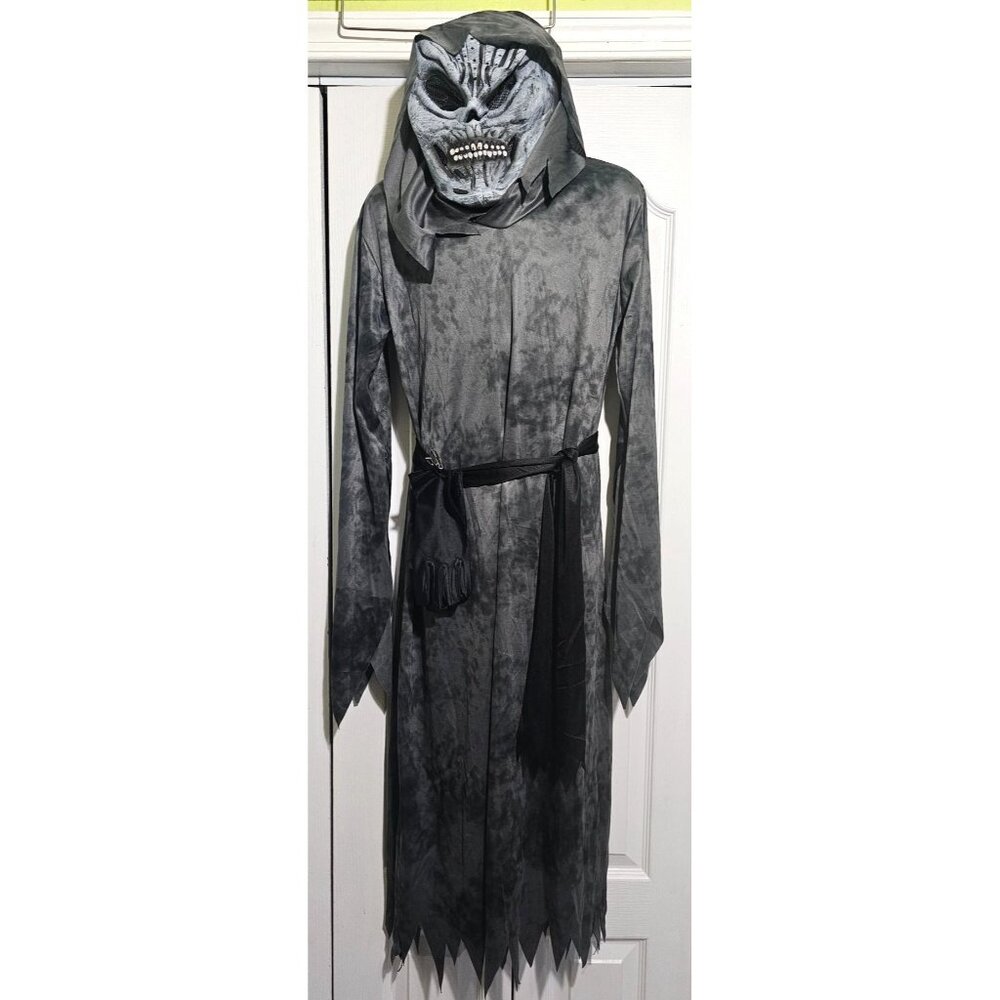 Kids Ghastly Ghoul Halloween Costume Grim Reaper Evil Skeleton Mask Robe Boys LG